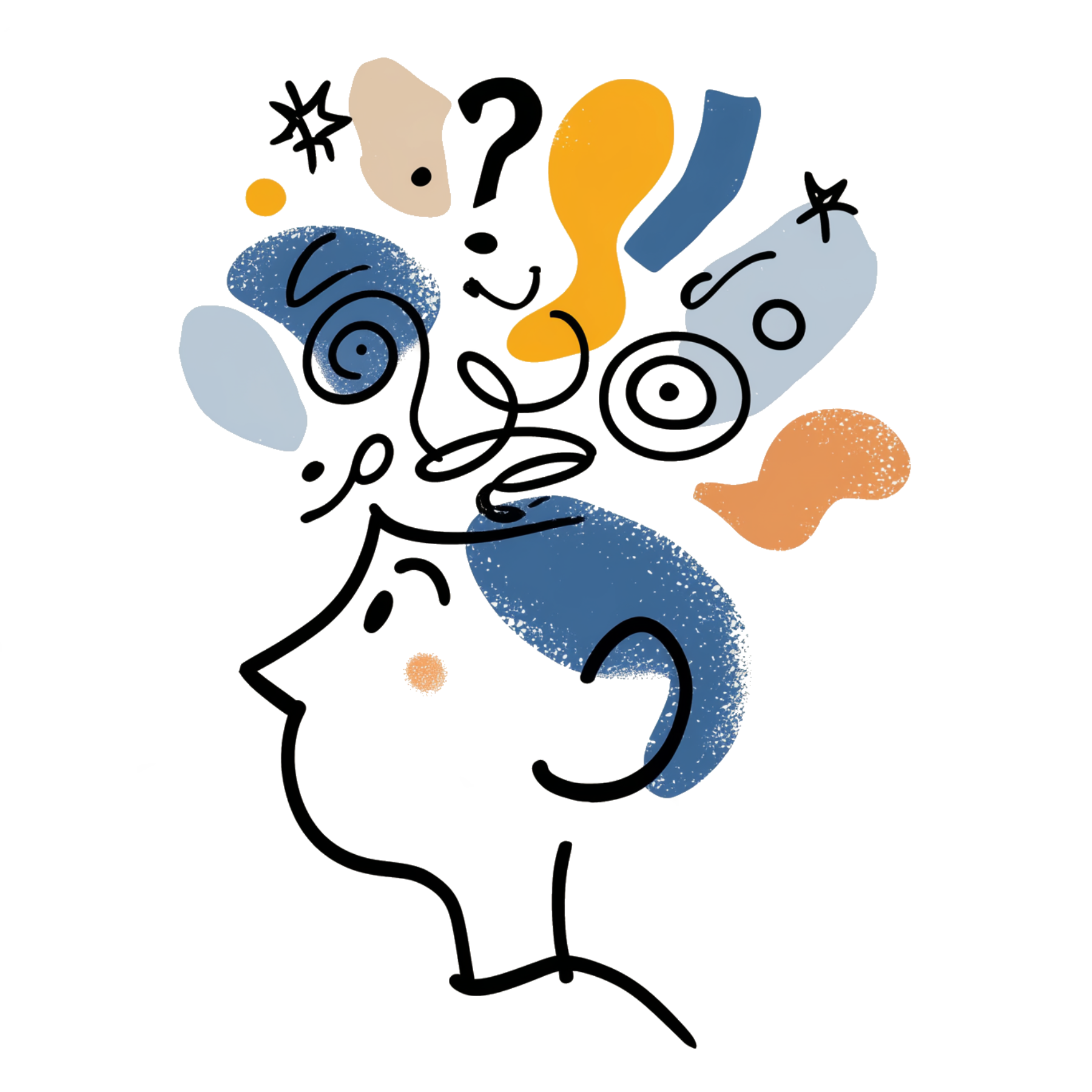 Kinderkopf mit bunten Gedanken, Fragezeichen und kreativen Formen